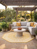 Rugs.com Outdoor Aztec Collection Rug – 5 Ft Octagon Yellow Flatweave Rug Perfect for Living Rooms, Kitchens, Entryways