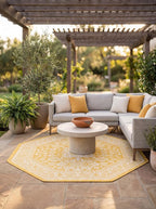 Rugs.com Outdoor Aztec Collection Rug – 5 Ft Octagon Yellow Flatweave Rug Perfect for Living Rooms, Kitchens, Entryways