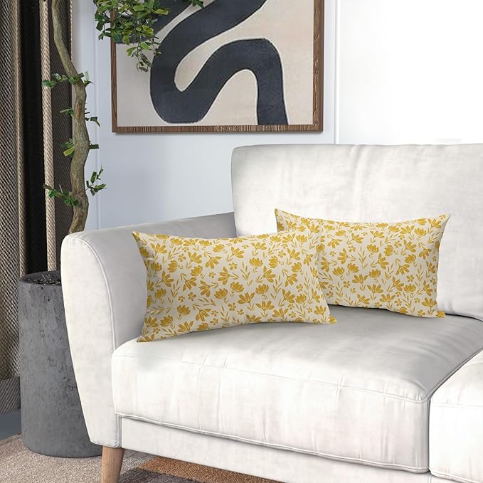 Yellow Floral Pillow Covers 12x20 Set of 2 Vintage Rustic Old Style Cute Small Flower Yellow Cream Print Decorative Outdoor Pillowcases Farmhouse Throw Cushion Case Decor for Couch Sofa Bed