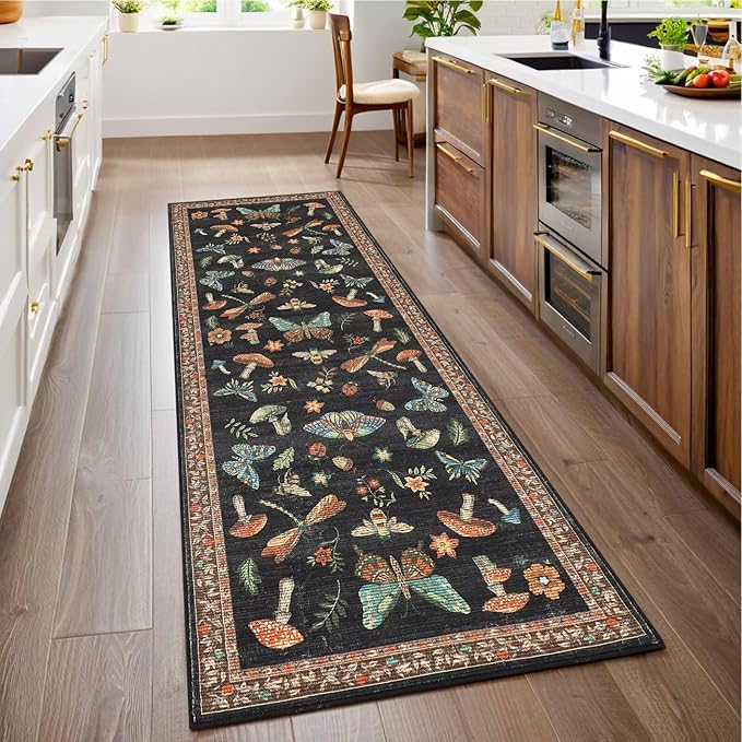 Mushroom 2.5x8 Runner Rug for Hallway Washable Kitchen Rugs Non Slip Low-Pile Whimsical Cottage Core Insect Bug Butterfly Funky Decor for Entryway Bathroom Bedroom Black Brown