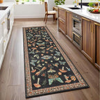 Mushroom 2x6 Runner Rug for Hallway Washable Kitchen Rugs Non Slip Low-Pile Whimsical Cottage Core Insect Bug Butterfly Funky Decor for Entryway Bathroom Bedroom Black Brown