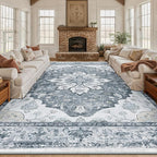 Area Rugs 10'x14' Washable Non-Slip, Floral Vintage Distress Print Pattern Medallion Carpet for Living Room Bedroom Dining Room, Light Gray Grey White