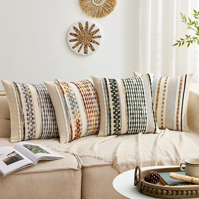 ANRODUO Pack of 1 Boho Decorative Throw Pillow Covers 18x18 Farmhouse Cushion Case Striped Chenille Pillow Cases Square Pillow Covers Accent Neutral Pillowcase for Sofa Couch Bed, Olive Green Stripe