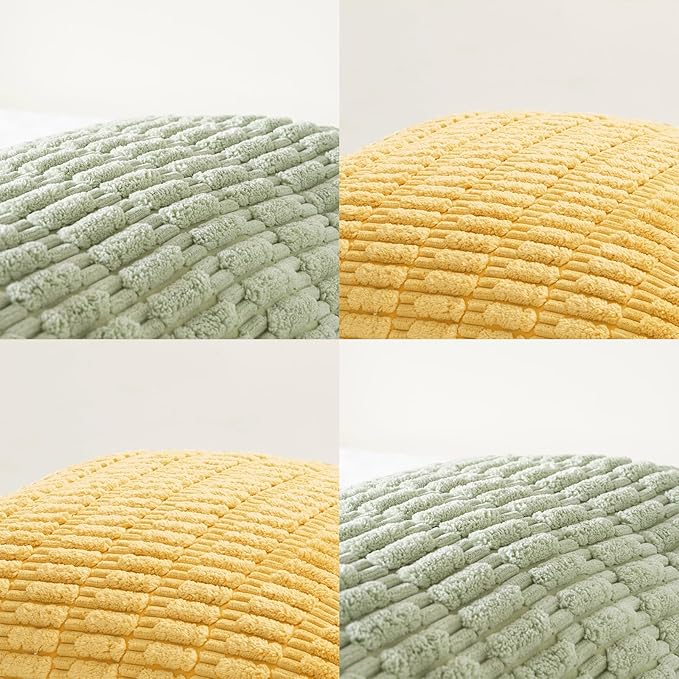 Fancy Homi Set of 4 Spring Boho Decorative Throw Pillow Covers 26x26 Inch for Couch Bed Sofa, Sage Green Yellow Room Decor, Soft Fuzzy Fluffy Cozy Corduroy Textured Cushion Case 66x66cm