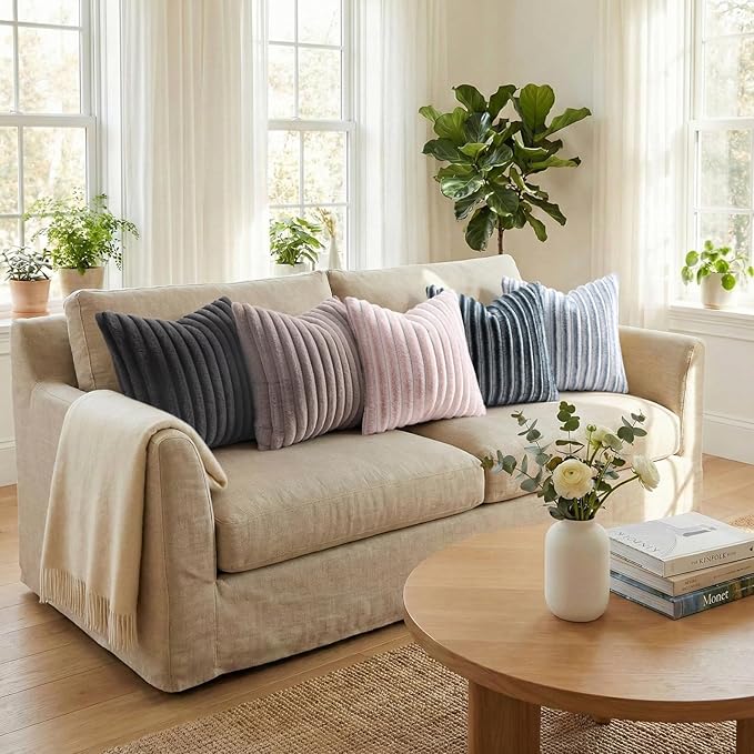 Pallene Faux Fur Plush Throw Pillow Covers 20x20 Set of 2, Luxury Soft Fluffy Striped Decorative Pillow Covers for Sofa, Couch, Living Room, Dark Grey