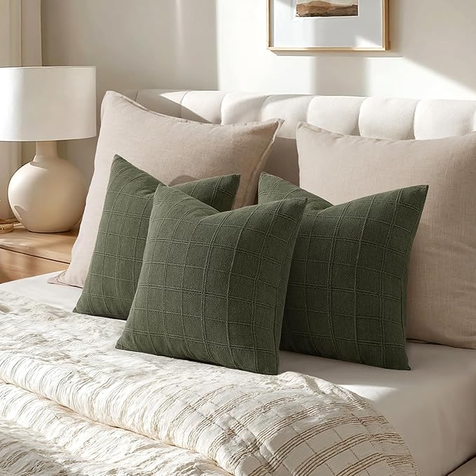 Woaboy Linen Check Throw Pillow Covers Set of 2 - Olive Green Farmhouse Modern Boho Vintage Decorative Cushion Covers Spring Home Decor for Sofa Couch Bedroom Living Room 18x18 Inch