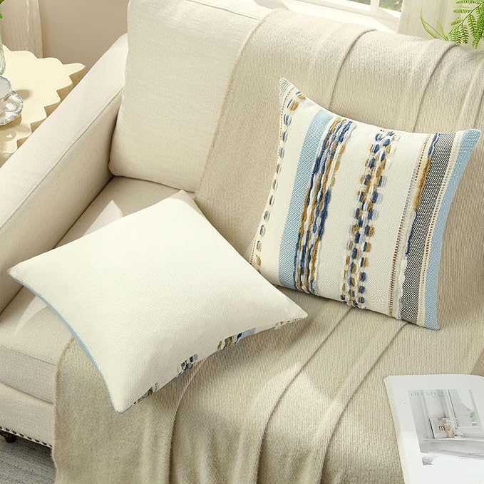 FUTEI Navy Brown Decorative Throw Pillow Covers 18x18 Inch Set of 2, Soft Tufted Striped Textured Accent Cushion Case,Boho Pillows for Couch Decor