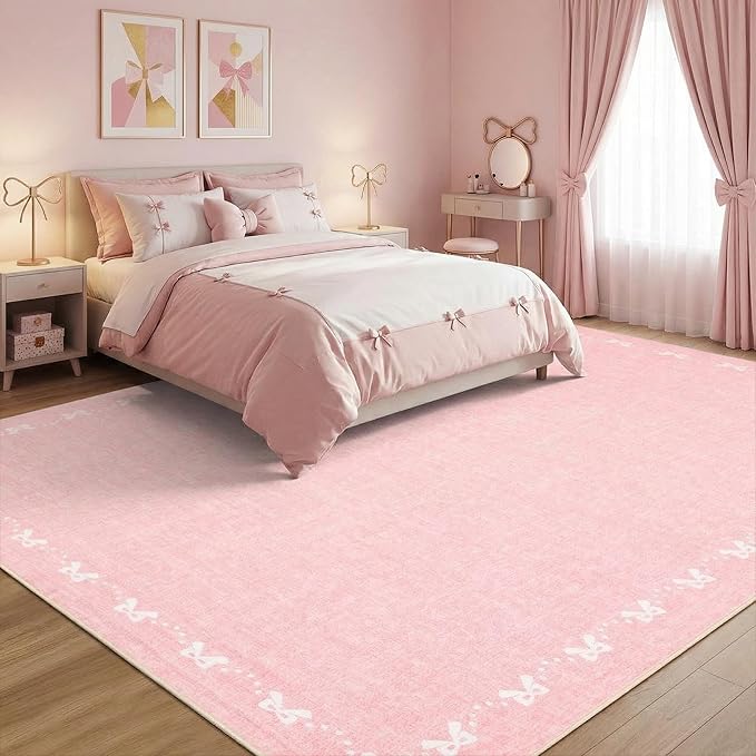 GarveeHome Bow Washable 8x10 Area Rugs for Living Room Non Slip Soft Solid Pink Bedroom Rugs Low Pile Foldable Large Area Rug Stain Resistant Carpet for Nursery Dining Room Playroom, Pink
