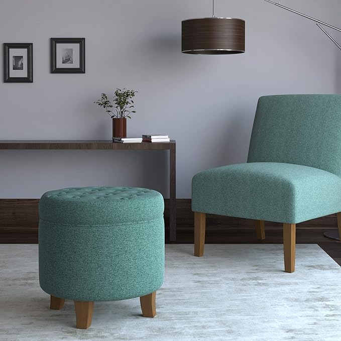 HomePop by Kinfine Fabric Upholstered Round Storage Ottoman - Button Tufted Ottoman with Removable Lid, Teal Woven
