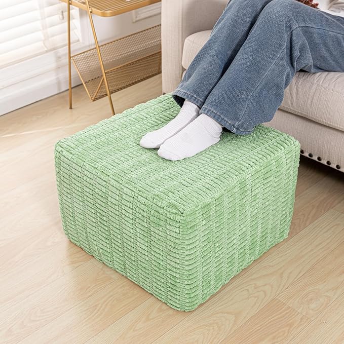 Asuprui Round Square Pouf Ottoman Foot Rest – Lightweight Modern Footstool with Plush Foam Filling, Perfect for Living Room Decor & Cozy Comfort – 20x20x14 Inch Chic Accent Piece (Sage Green)