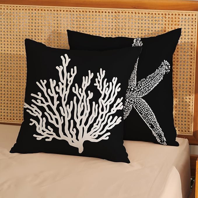 Coastal Pillow Covers 18x18 Set of 2 Black Starfish Throw Pillows Nautical Ocean Decorations Summer Beach Coral Pillowcase Outdoor Decor Linen Farmhouse Square Cushion Case for Sofa Bedroom