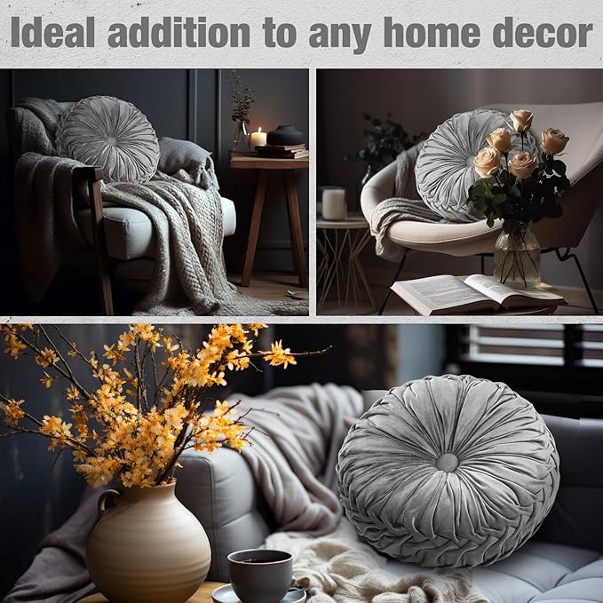 2 Pcs Round Throw Pillows 15 Inch Decorative Velvet Pleated Pumpkin Pillows Boho Floor Pillow with Center Button for Living Room Couch Chair Bed Sofa Home Decoration (Gray)