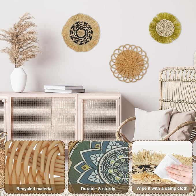 7Pack Boho Wall Basket Set Hanging Woven Wall Basket Decor Rattan Flat Round Wicker Wall Art Set Round Wall Art for Living Room Kitchen Office Bathroom Dining Room (Style 5)