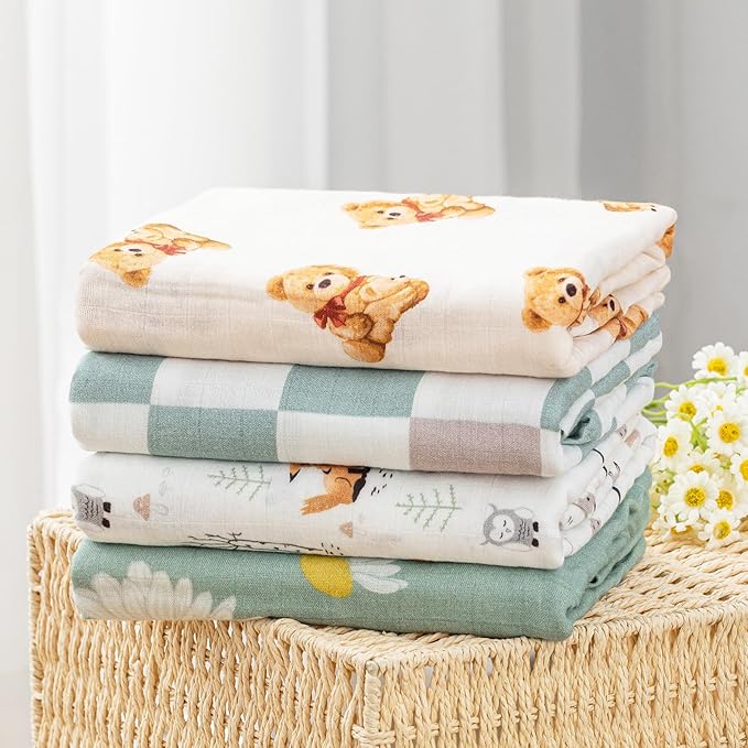 BabyWhale Muslin Swaddle Blanket with Hat and Headband Bow, Checkered Print Swaddle Set for Baby Boys ＆ Girls, Unisex Soft Receiving Blanket Wrap, Green Grey Checkered, 47x47 inches