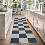 GarveeHome Checkered Easy Jute Runner Rug 2x6 Non-Slip Machine Washable Stain Resistant Indoor Outdoor Rugs for Living Room, Bedroom, Kitchen, Dining, Patio - Farmhouse Style Navy Blue