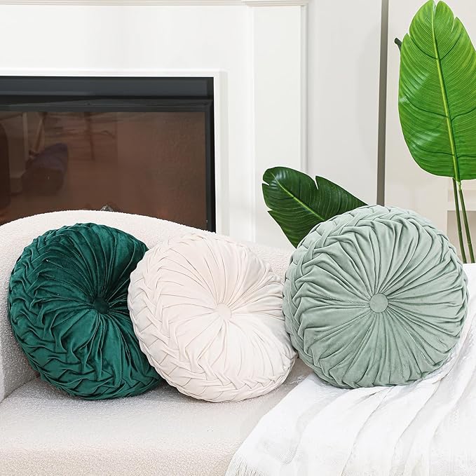 Round Throw Pillows Decorative Pleated Throw Pillows 15'' Diameter Accent Pumpkin Boho Chair Cushion for Couch Sofa Home Decoration(White, Light Green, Green,3 Pcs)