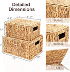 FairyHaus Wicker Storage Baskets with Lids, Set of 2, Natural Water Hyacinth, Rectangular, Large 13"x10"x7" & Small 11.2"x8.3"x5.7"