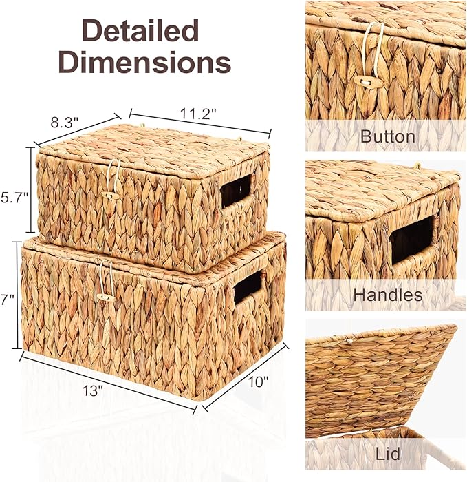 FairyHaus Wicker Storage Baskets with Lids, Set of 2, Natural Water Hyacinth, Rectangular, Large 13"x10"x7" & Small 11.2"x8.3"x5.7"