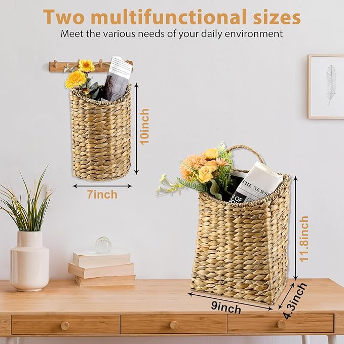 2 Pack Woven Hanging Basket Set, Wicker Wall Baskets Handmade Seagrass Planters for Front Door, Garden, Farmhouse Home Decor