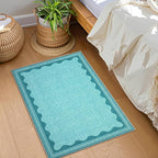 Scalloped Teal Washable Rugs 5x7 Rug for Living Room Solid Modern Minimalism Soft Low-Pile Carpet for Bedroom Dining Nursery Non Slip TPE Backing