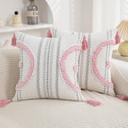 Boho Throw Pillow Covers 18x18 Set of 2 Cotton Woven Tufted Farmhouse Pillows Covers with Tassels Outdoor Neutral Pink Decorative Pillowcases Square Textured Accent Cushion Cases for Couch Bed Sofa