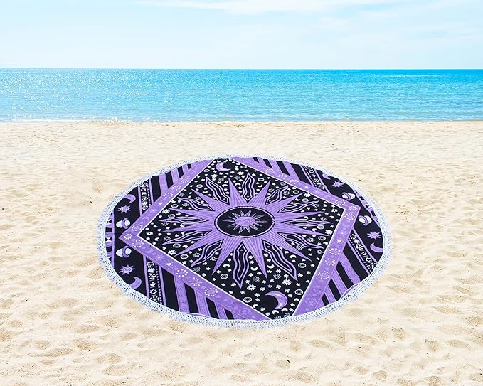 Round Beach Tapestry Turquoise Mandala Throw/Boho Hippie Beach Blanket Roundie/Indian Cotton Bohemian Large Round Table Cloth-Home Decor/Yoga Mat Meditation Picnic Rug (42", Purple)