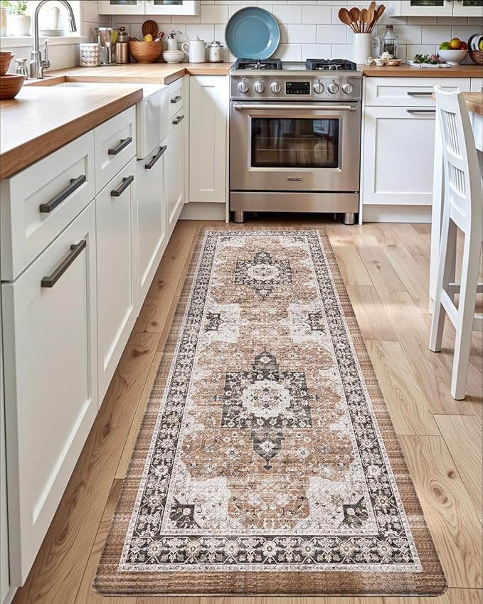 DEXI Kitchen Floor Mats Cushioned Anti Fatigue, 23x86 Long Rubber Standing Comfort Runner Rug, Waterproof Retro Floral Memory Foam Padded for Front Sink Laundry, Black/Brown