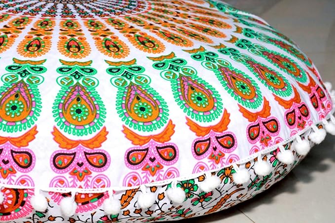 CRAFT KALA Round Mandala Meditation Cushion Cover, Floor Pillow or Cushions Cover, Yoga Seat Cover Seating Poufs Cover for Living Room 32", Musturd Mirchi