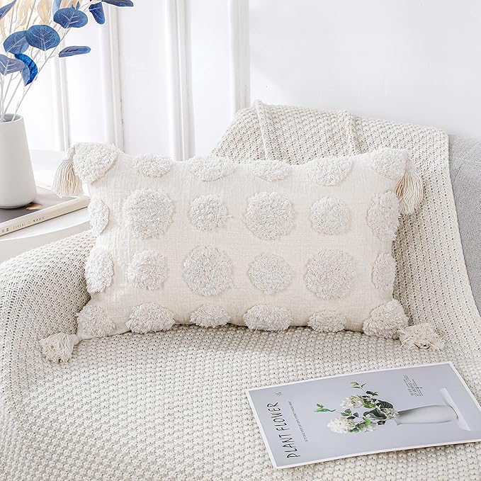 PANOD Super Soft Farmhouse Decorative Plush Throw Pillow Covers 12 x 20 White,Solid Pom pom Tufted with Tassels Modern Accent Boho Lumbar Cushion Cover Pillow Case for Couch Sofa
