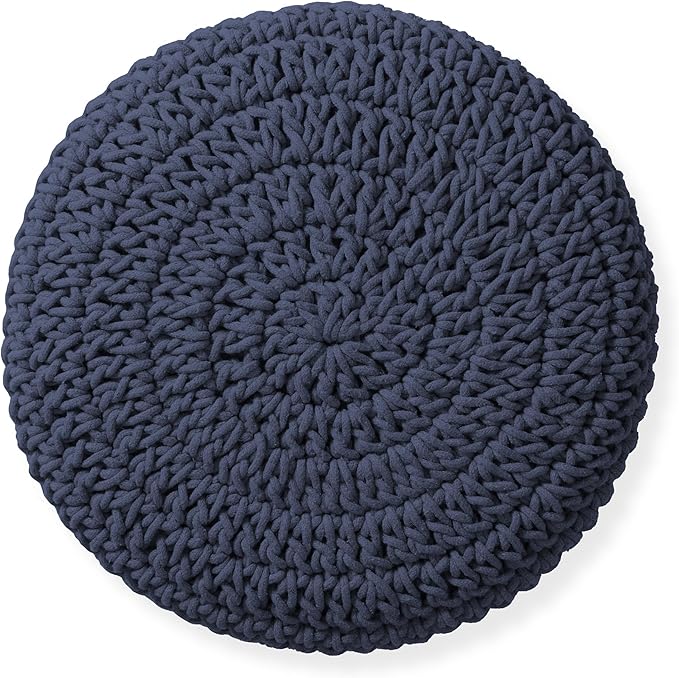 Casafield Pouf Ottoman Footstool, 13" Round x 11" High, Hand-Knitted Cotton Footrest, Non-Skid Wood Legs, Boho Foot Stool for Living Room, Bedroom (Navy Blue)