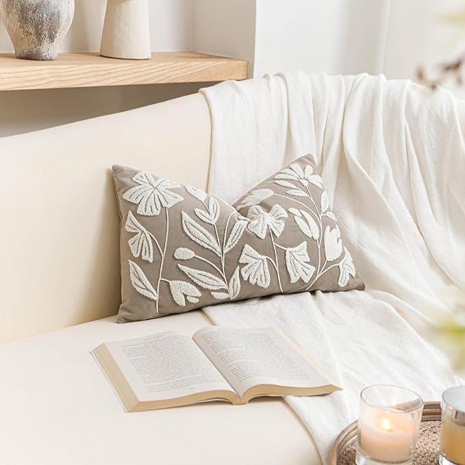 BlissBlush 12x20 Lumbar Pillow Cover, Rectangular Taupe Decorative Throw Pillowcase for Couch Sofa, Embroidered Velvet Farmhouse Accent Cushion (Cover Only)