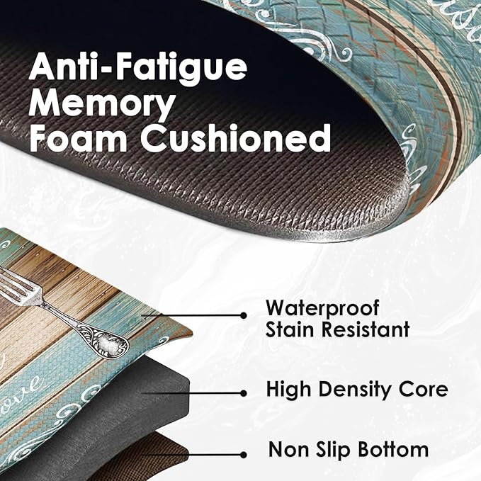 Arttown Teal Farmhouse Anti-Fatigue Kitchen Rug Set of 2 Brown Knife Fork Rustic Vintage Cushioned Floor Standing Mat Waterproof Non-Slip Kitchen Mat and PVC Ergonomic Comfort Foam Rug