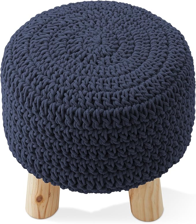 Casafield Pouf Ottoman Footstool, 13" Round x 11" High, Hand-Knitted Cotton Footrest, Non-Skid Wood Legs, Boho Foot Stool for Living Room, Bedroom (Navy Blue)