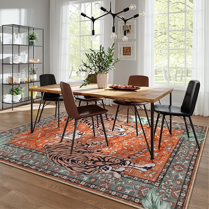 Moynesa Tiger Washable Rugs, 8x10 Area Rugs for Living Room, Soft Large Vintage 8x10 Bedroom Rug, Botanical Non Slip Ultra Thin Floor Carpet for Dining Room Home Office, Rust