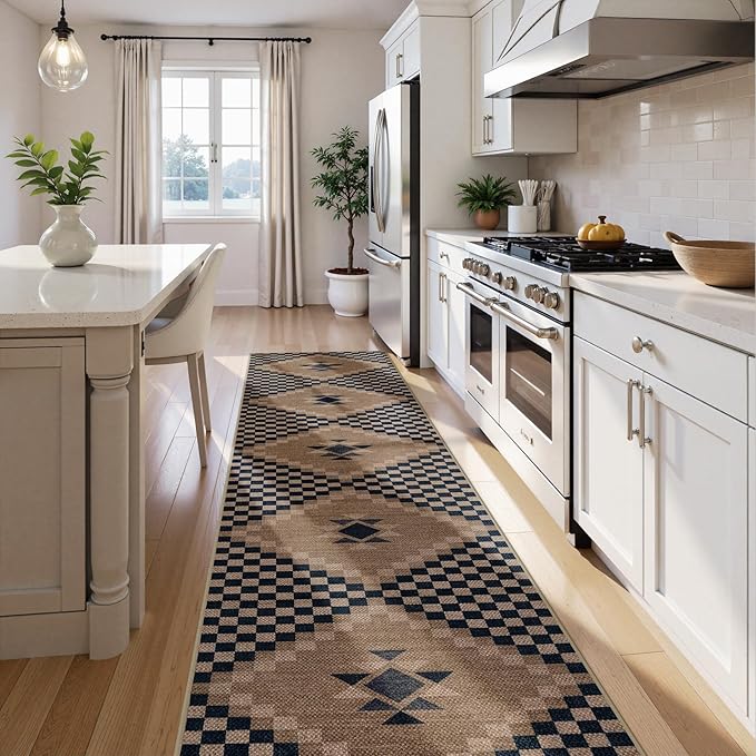 LIVEBOX No Shed Jute Checkered Runners Rug for Hallways Non Slip 2.5x12, Ultra Thin Washable Runner Rug Farmhouse Long Rugs for Kitchen, Black and Beige Floor Carpet for Entryway Laundry Room