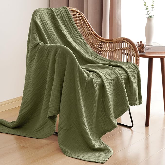 PHF 100% Cotton Muslin Throw XL Blanket Large 50" x 70", 4-Layer Lightweight Gauze Throw, Breathable Cloud-Soft Minimalist Blanket for Bed, Couch, Camping & Baby, Olive Green, Ideal Gift