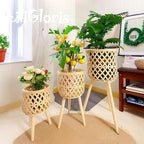 Boho rattan plant stand set of 2/3 – handwoven tall elevated wicker plant baskets for indoor plants, mid-century modern wooden planter holder with tripod legs,no-tool assembly，apartment gardening， farmhouse home decor, ideal gift for houseplant lovers