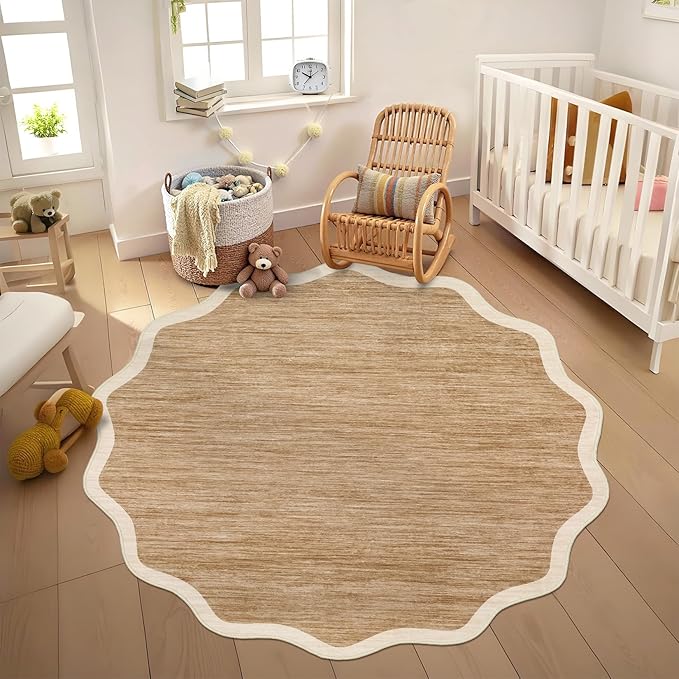 GarveeHome Scalloped Washable Round Rugs 4ft, Non-Slip Soft Ultra-Thin, Small Boho Circle Stain Resistant Low Pile Carpet for Entryway Kitchen Bedroom Nursery Bathroom, Light Brown