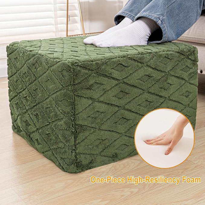 Fluffy Square Ottoman Pouf with All-in-One Foam Filling 20 x 14 Inches Furry Ottoman Foot Rest Foot Stool for Living Room or Bedroom (Green)