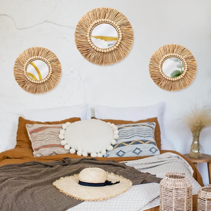 3 Pcs Boho Raffia Mirror Wall Hanging Decor 15.8 Inch 11.8 Inch Rustic Round Boho Circle Mirrors with Wood Bead Farmhouse Aesthetic Nursery Mirrors for Bedroom Living Room Bathroom Wall Decor