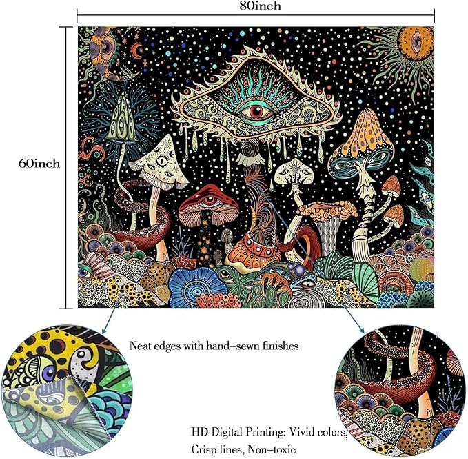 Yeoiat Mushroom Tapestry Hippie Tapestry for Bedroom Cute Tapestries Aesthetic Wall Tapestries Hanging for Bedroom Dorm Living Room (Mushroom, 60.00" x 80.00")