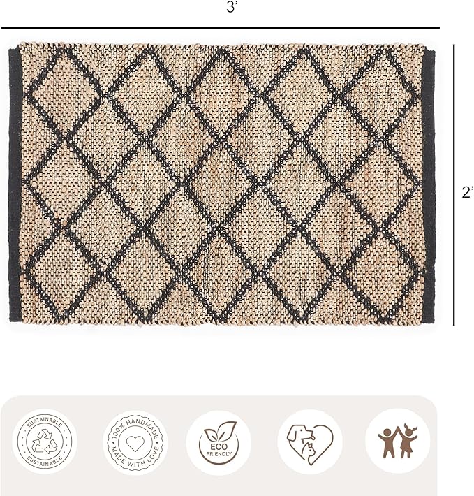 · REDEARTH · Jute Cotton Area Rug - 2'x3' Rectangular Rug, Sustainable Handwoven, Non-Shedding, Soft & Durable – Reversible, Neutral Tones for Home Décor in Living Room, Dining Room, Bedroom