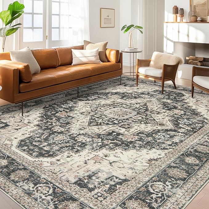 6x9 Area Rugs for Living Room, Washable Rug with Non-Slip Backing, Ultra-Thin Rugs for High-Traffic Areas, Super-Soft Floral Vintage Farmhouse Large Area Rug (Black/Beige, 6'x9')