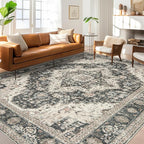 6x9 Area Rugs for Living Room, Washable Rug with Non-Slip Backing, Ultra-Thin Rugs for High-Traffic Areas, Super-Soft Floral Vintage Farmhouse Large Area Rug (Black/Beige, 6'x9')
