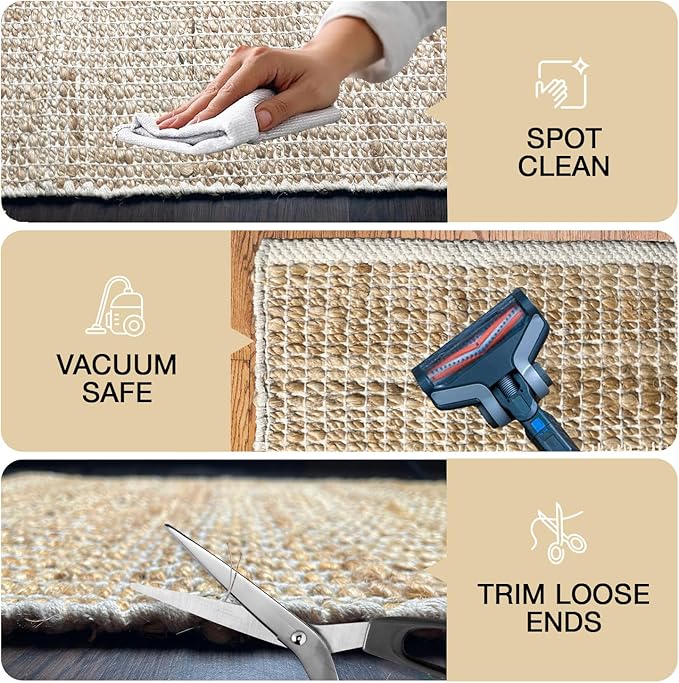 Chardin home 8x10 Jute Cotton Handwoven Area Rug | Braided Boho Farmhouse Rug in Natural Jute/Ivory | Rustic Vintage Floor Covering for Living Room, Bedroom, Kitchen, and Entryway