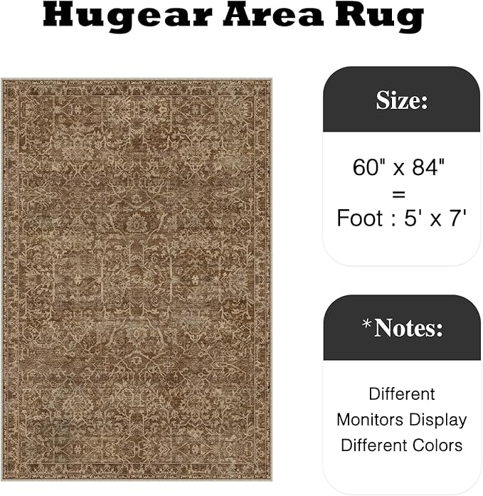 HUGEAR Area Rug 5x7 Brick Red Machine Washable Living Room Rugs Distressed Vintage Floral Vacuumable Low Pile Carpet Bedroom Office Dining Room Laundry Room Non Slip Soft Lightweight