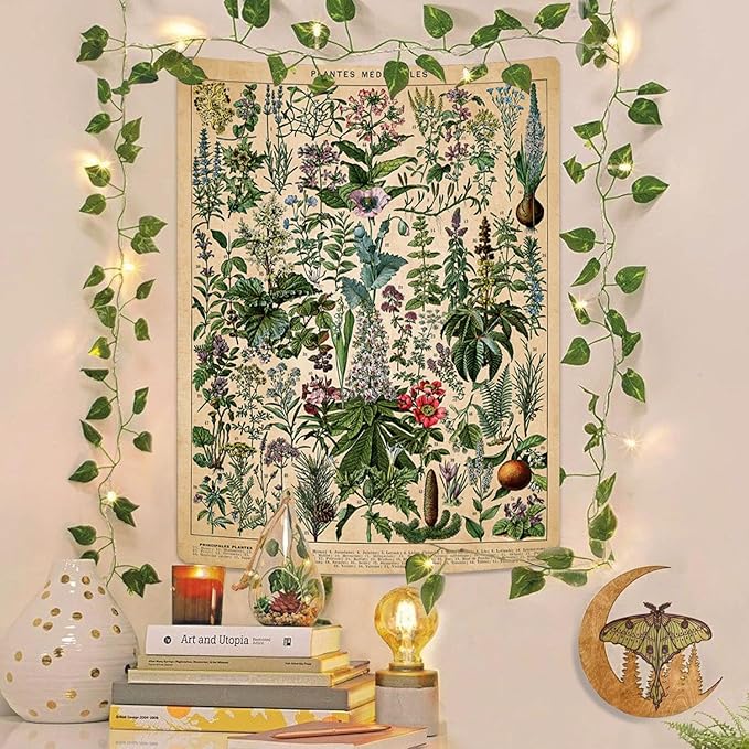 Vintage Flowers Tapestry 48”x36”, Long Vertical Wall Hanging Reference Illustrative Botanical Tapestries for Bedroom Aesthetic Floral Tapistry Botanical Plants Tapestry Wall Hanging Cute Bedroom Decor
