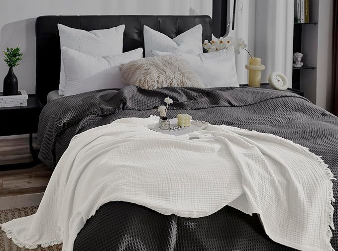 KyraHome 100% Cotton Muslin Blankets for Adults, Couch, 50"x60", Pre-Washed Plant Dyed, Breathable Lightweight Gauze Bed Blanket, All Season (White)