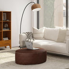 SIMPLIHOME Brody Boho Round Pouf in Distressed Dark Brown Vegan Faux Leather for the Living Room, Bedroom and Kids Room