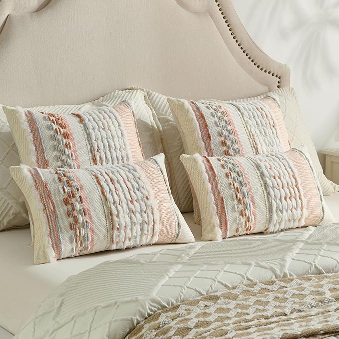 FUTEI Grey Blue Coral Accent Throw Pillow Covers Set of 2, 12x20 Inch Plush Tufted Striped Textured Decorative Pillow Cases for Farmhouse Boho Couch Decor